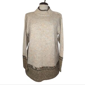 Vintage Inspired Knit Sweater Floral Hem Mock Neck Wool Blend G/L